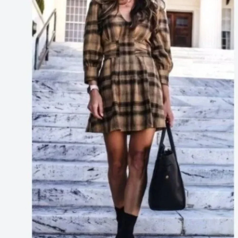 Free People English Rose Plaid Linen Blend Mini Dress Women's Size 0/UK4